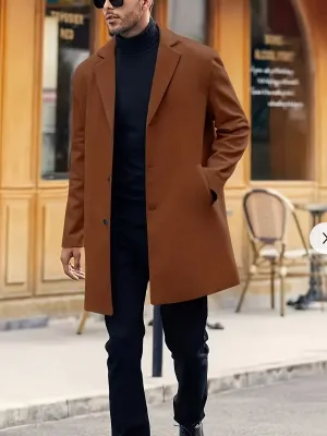 1pc Men'S Plus Size Casual Work Trench Coat, Solid Color Polyester Lapel Long Coat with Buttons, Non-Stretch Woven Fabric, Loose Fit for Spring/Fall