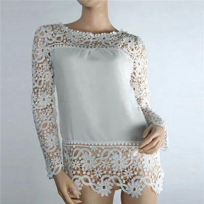 5XL push size Women Chiffon Blouses Fashion Lace long Sleeve Shirt Crochet Tops XXXL