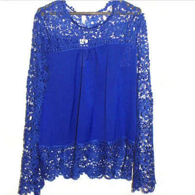 5XL push size Women Chiffon Blouses Fashion Lace long Sleeve Shirt Crochet Tops XXXL