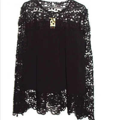 5XL push size Women Chiffon Blouses Fashion Lace long Sleeve Shirt Crochet Tops XXXL
