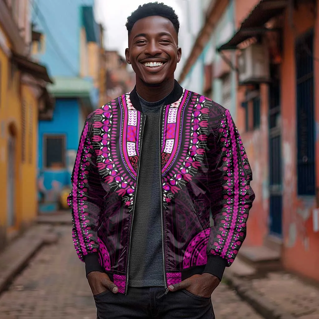 African Dashiki and Polynesian Pattern Sleeve Zip Bomber Jacket Pink LT9