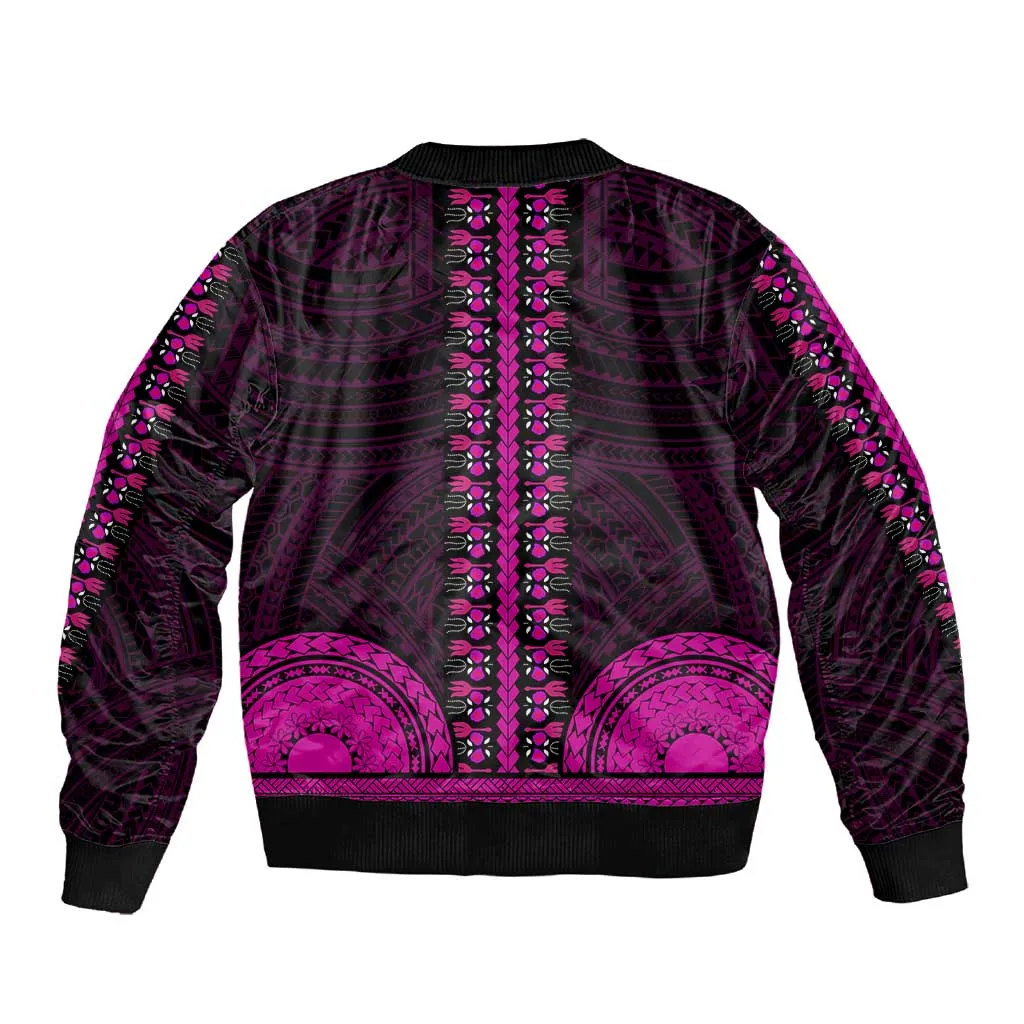 African Dashiki and Polynesian Pattern Sleeve Zip Bomber Jacket Pink LT9