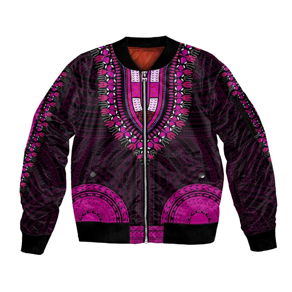 African Dashiki and Polynesian Pattern Sleeve Zip Bomber Jacket Pink LT9