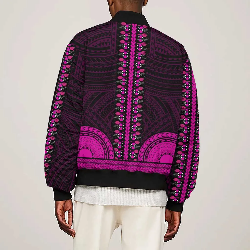 African Dashiki and Polynesian Pattern Sleeve Zip Bomber Jacket Pink LT9
