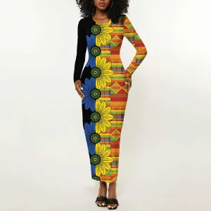 African Ethnic Kitenge Ankara Style Long Sleeve Bodycon Dress LT9