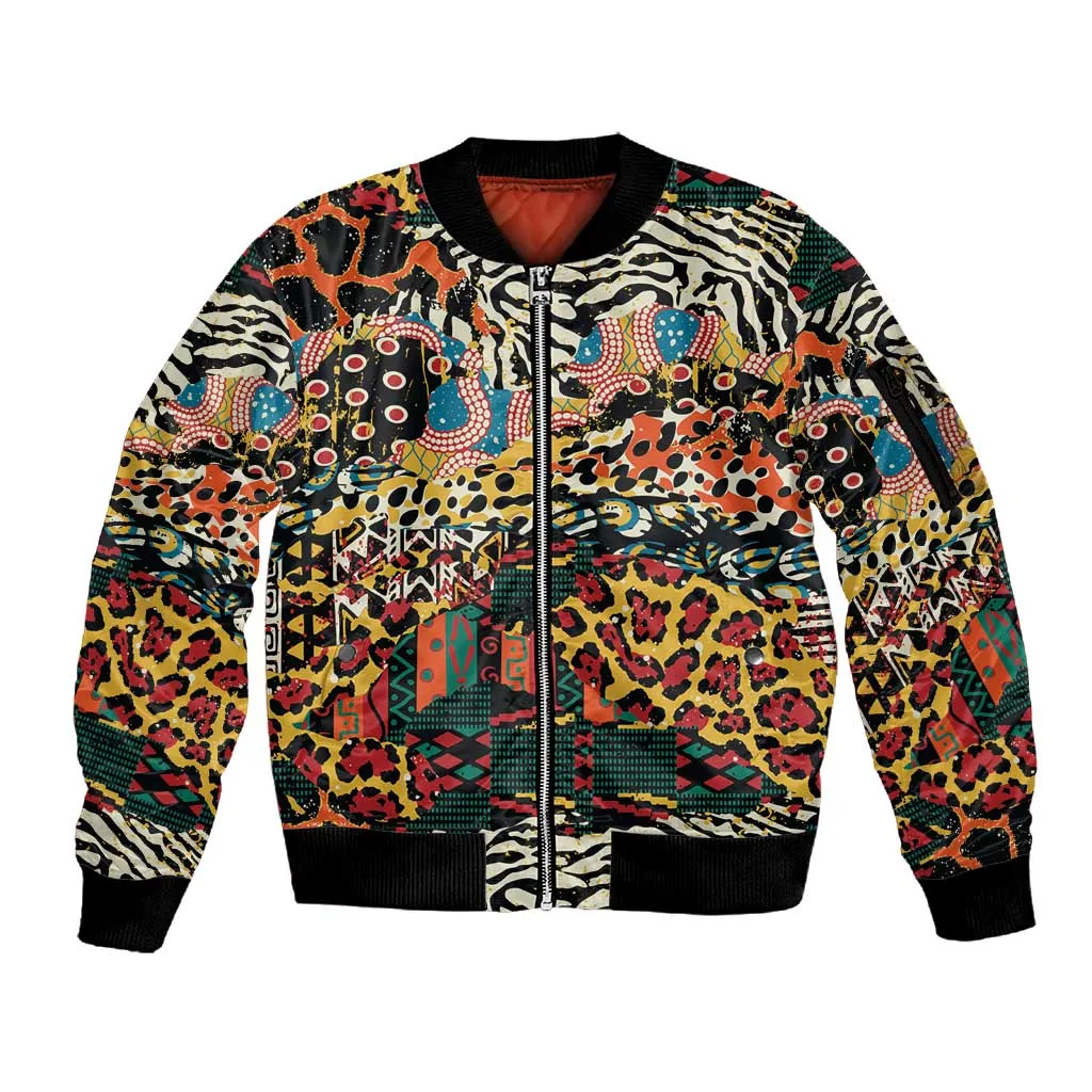 African Mixed Wild Animal Skins Sleeve Zip Bomber Jacket LT9