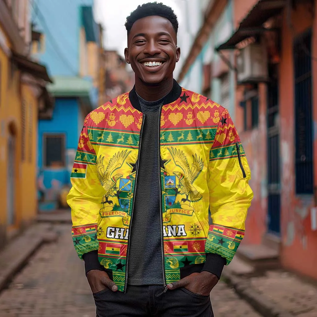 Afro Ghana Christmas Sleeve Zip Bomber Jacket Coat Of Arms - Kente Pattern LT15