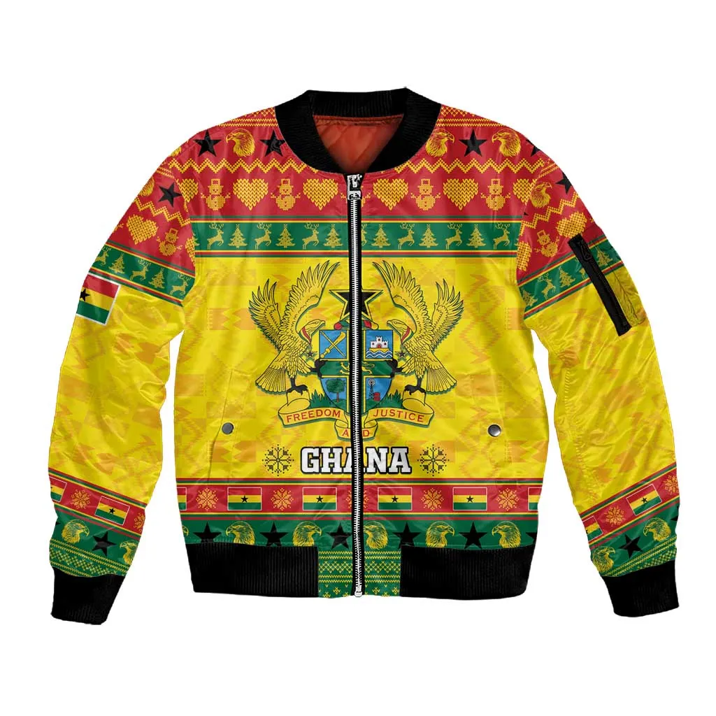Afro Ghana Christmas Sleeve Zip Bomber Jacket Coat Of Arms - Kente Pattern LT15
