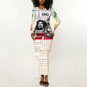 Afro King of Reggae Legend Bob Long Sleeve Bodycon Dress Rastafari Lion Cannabis Typography Style DT02