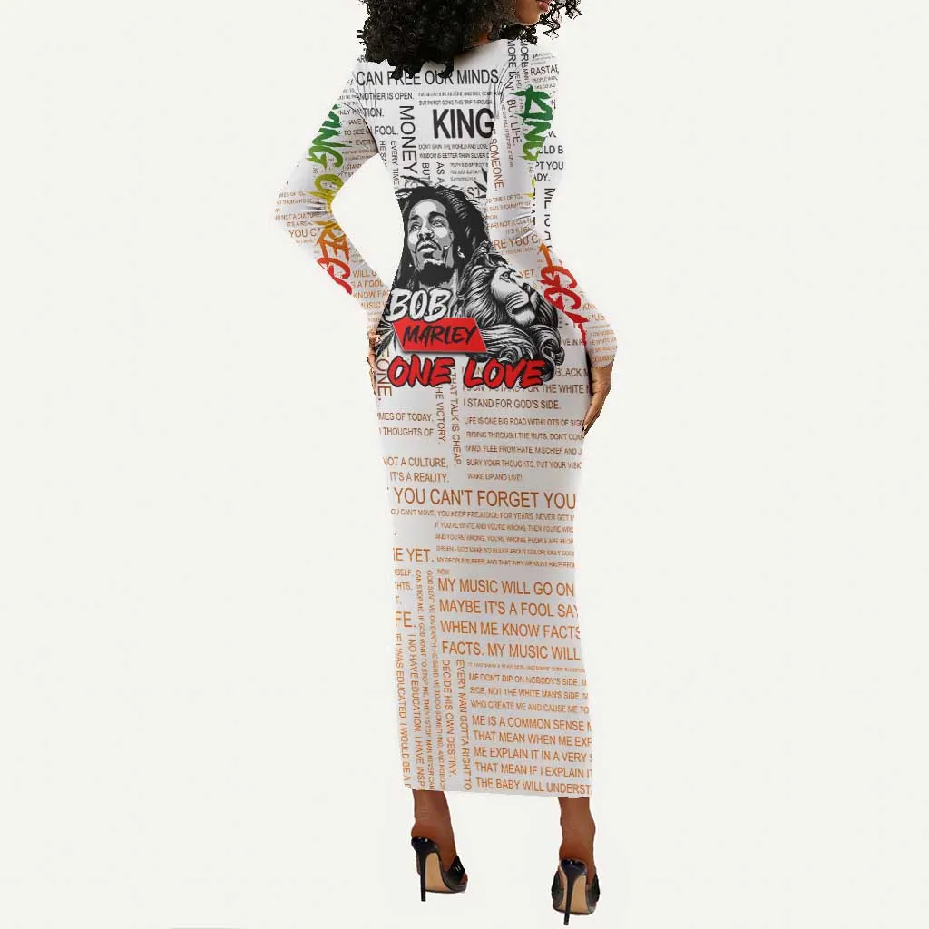 Afro King of Reggae Legend Bob Long Sleeve Bodycon Dress Rastafari Lion Cannabis Typography Style DT02
