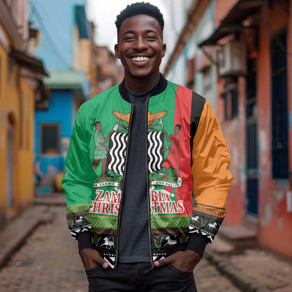 Afro Zambia Christmas Bomber Jacket Coat Of Arms With Kente Pattern LT18