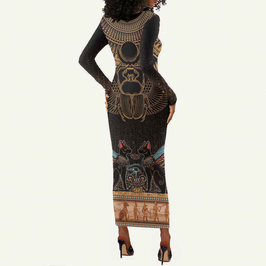 Ancient Egypt Scarab Beetle Long Sleeve Bodycon Dress Hieroglyphs Alphabet Pattern LT18