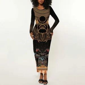 Ancient Egypt Scarab Beetle Long Sleeve Bodycon Dress Hieroglyphs Alphabet Pattern LT18