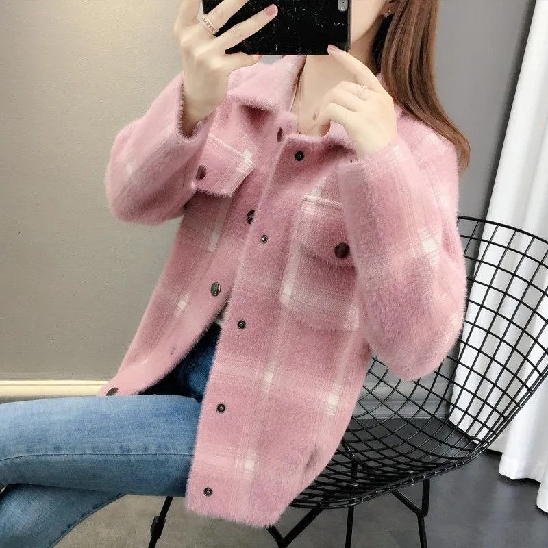 Autumn and Winter Popular Short Coat Long Sleeve Lapel Loose Sweater Plaid Knitted Coat All-match