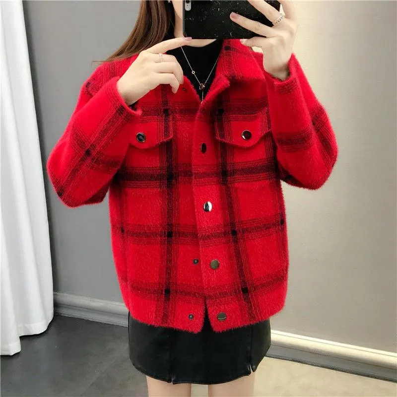 Autumn and Winter Popular Short Coat Long Sleeve Lapel Loose Sweater Plaid Knitted Coat All-match