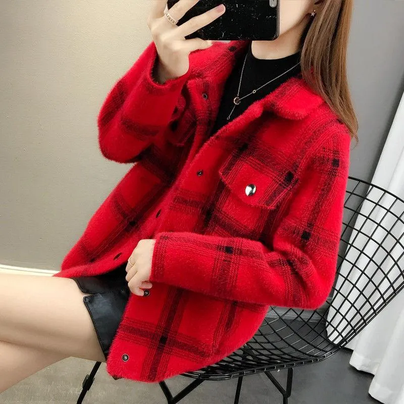 Autumn and Winter Popular Short Coat Long Sleeve Lapel Loose Sweater Plaid Knitted Coat All-match