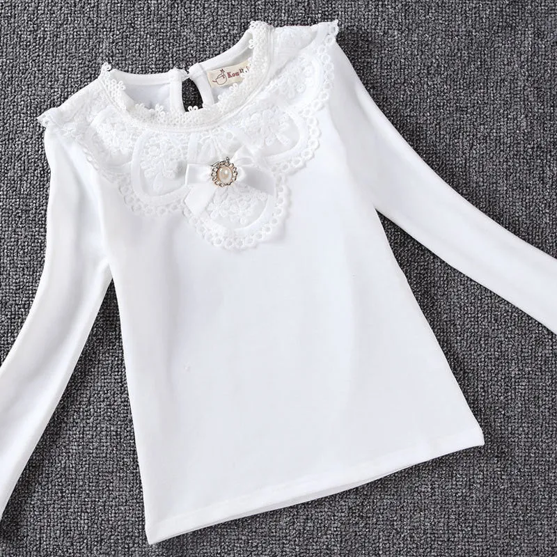 Autumn Winter Girls Blouses Shirts Fashion Warm Add Wool Long Sleeve White Lace Flower Blouses Girls Cotton Clothes