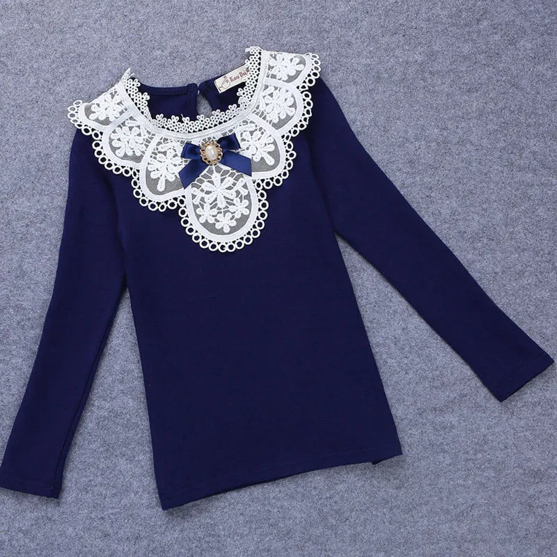 Autumn Winter Girls Blouses Shirts Fashion Warm Add Wool Long Sleeve White Lace Flower Blouses Girls Cotton Clothes