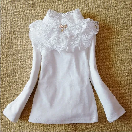Autumn Winter Girls Blouses Shirts Fashion Warm Add Wool Long Sleeve White Lace Flower Blouses Girls Cotton Clothes