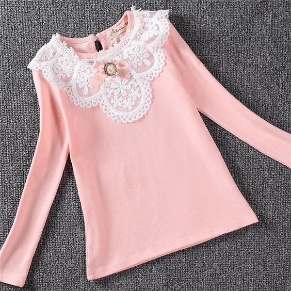 Autumn Winter Girls Blouses Shirts Fashion Warm Add Wool Long Sleeve White Lace Flower Blouses Girls Cotton Clothes