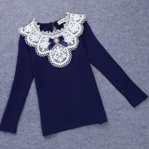 Autumn Winter Girls Blouses Shirts Fashion Warm Add Wool Long Sleeve White Lace Flower Blouses Girls Cotton Clothes