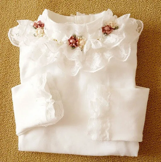 Autumn Winter Girls Blouses Shirts Fashion Warm Add Wool Long Sleeve White Lace Flower Blouses Girls Cotton Clothes