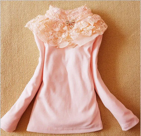 Autumn Winter Girls Blouses Shirts Fashion Warm Add Wool Long Sleeve White Lace Flower Blouses Girls Cotton Clothes