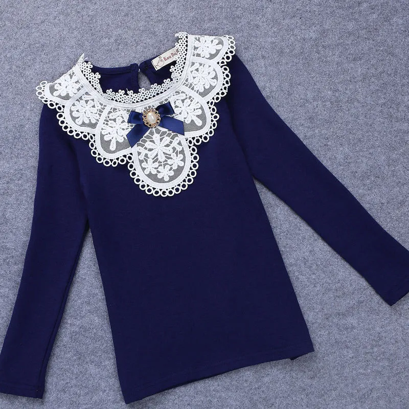 Autumn Winter Girls Blouses Shirts Fashion Warm Add Wool Long Sleeve White Lace Flower Blouses Girls Cotton Clothes