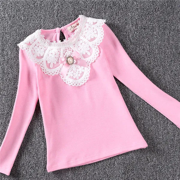 Autumn Winter Girls Blouses Shirts Fashion Warm Add Wool Long Sleeve White Lace Flower Blouses Girls Cotton Clothes