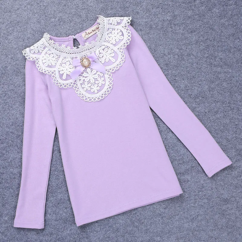 Autumn Winter Girls Blouses Shirts Fashion Warm Add Wool Long Sleeve White Lace Flower Blouses Girls Cotton Clothes