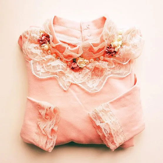 Autumn Winter Girls Blouses Shirts Fashion Warm Add Wool Long Sleeve White Lace Flower Blouses Girls Cotton Clothes