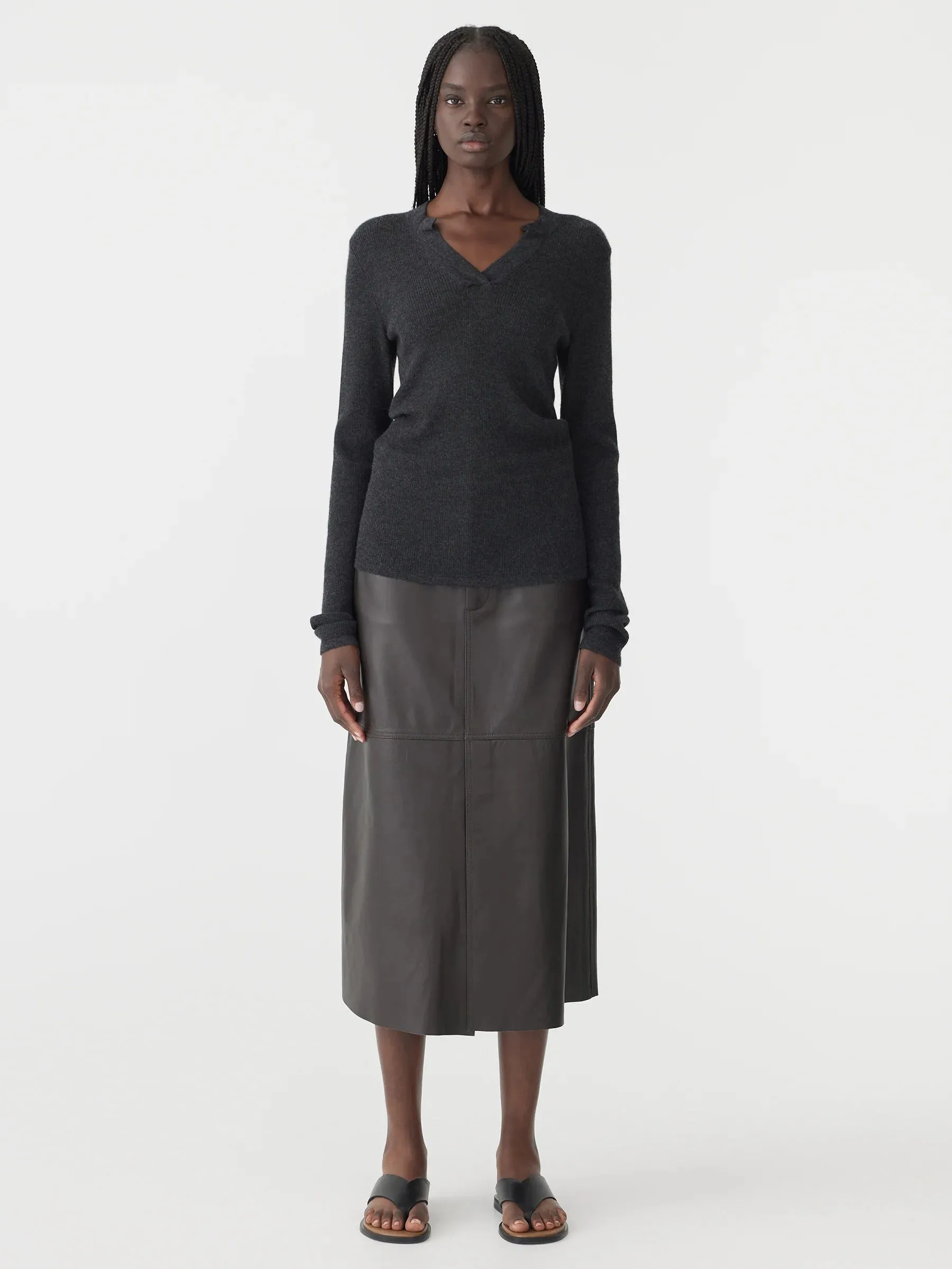 Bassike Longerline Leather Skirt in Carob
