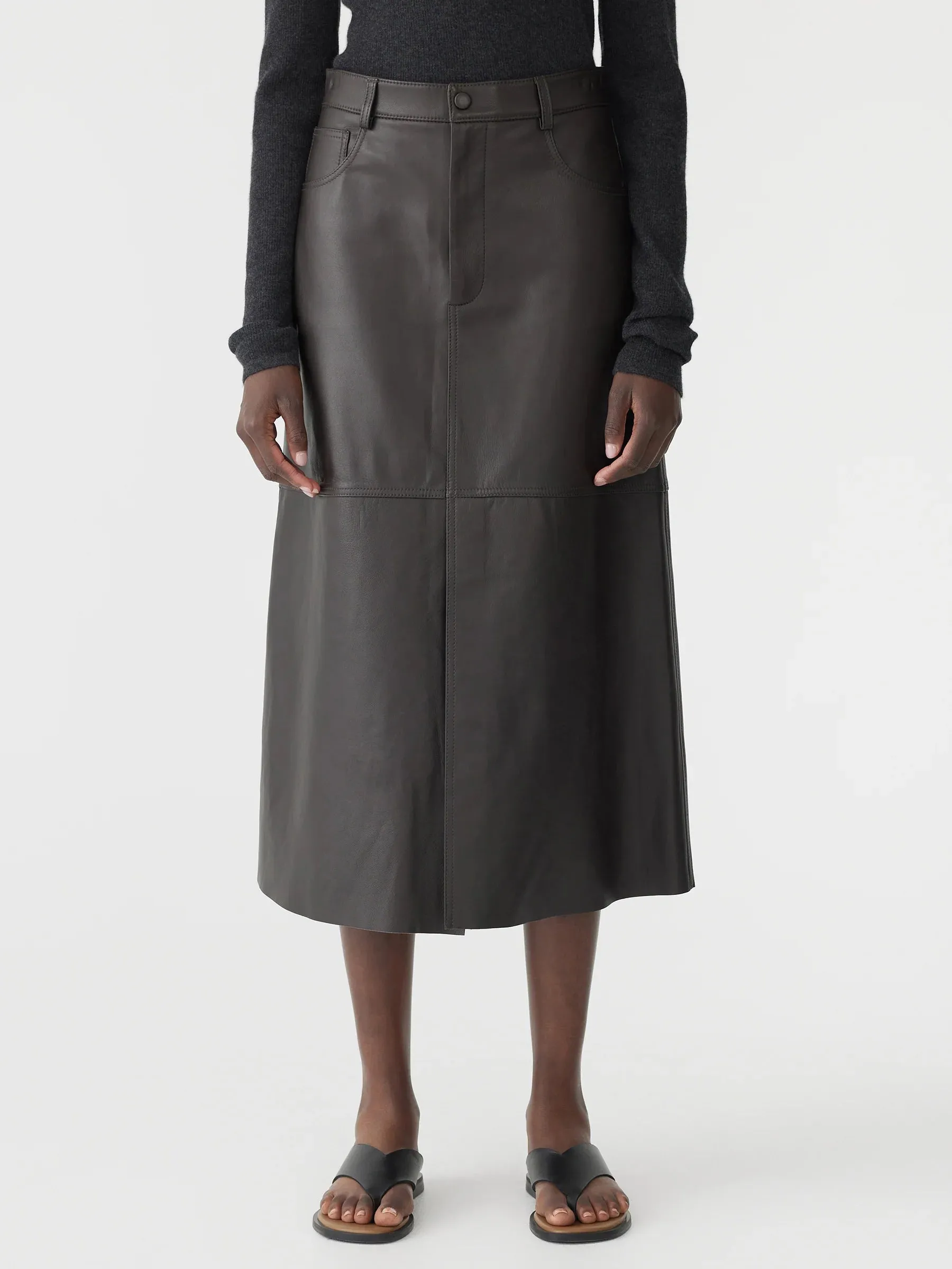 Bassike Longerline Leather Skirt in Carob