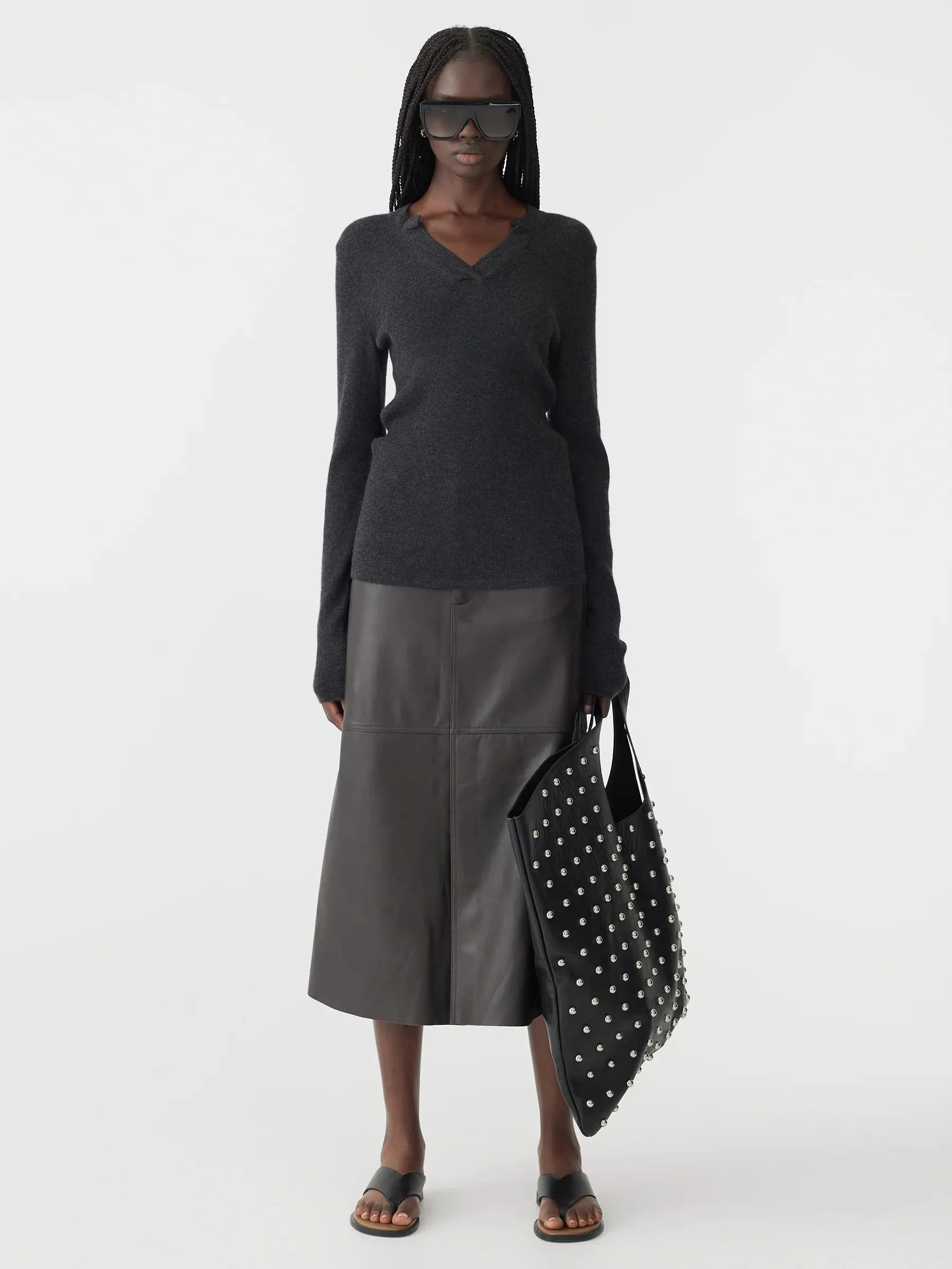 Bassike Longerline Leather Skirt in Carob