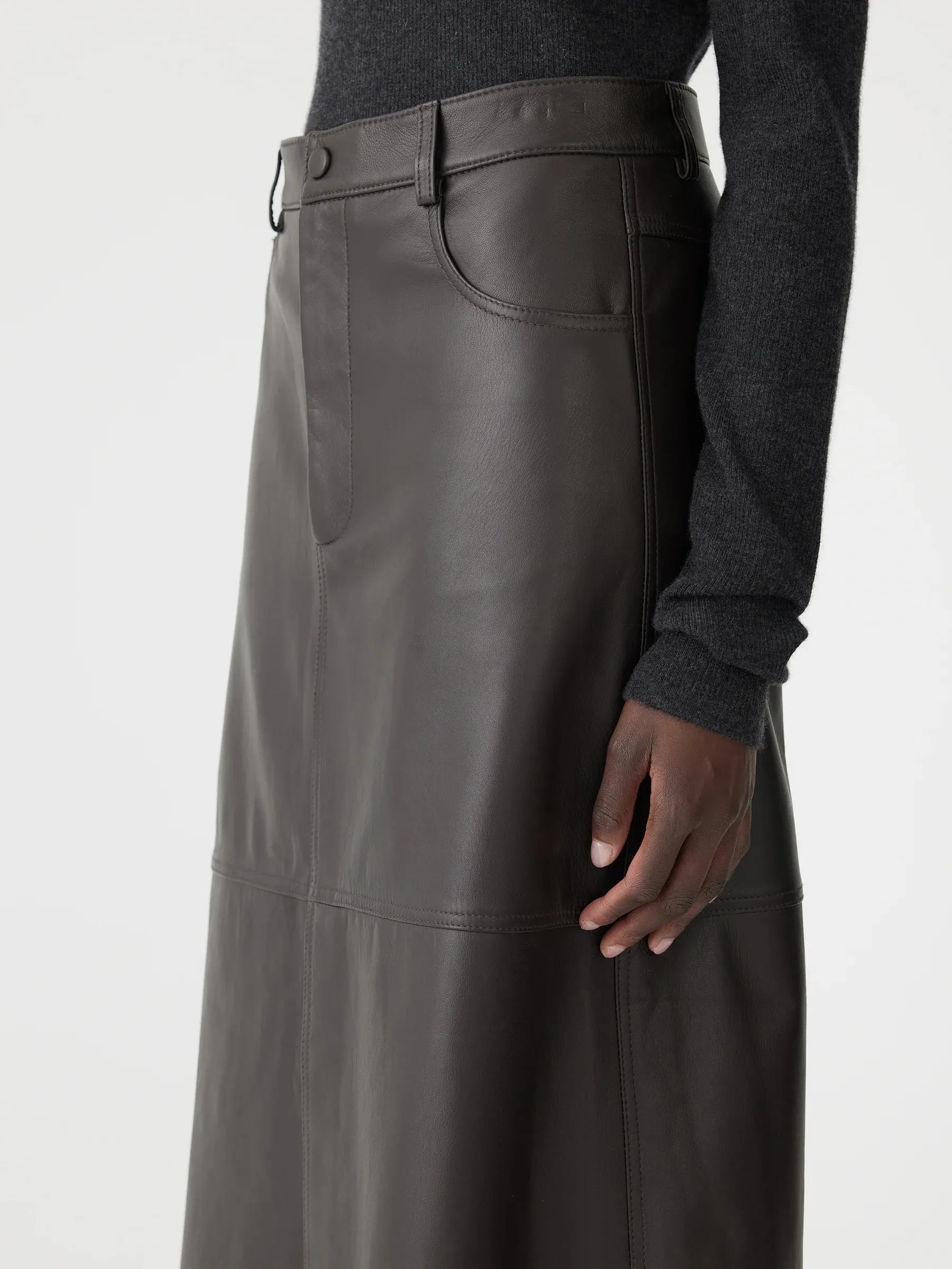 Bassike Longerline Leather Skirt in Carob