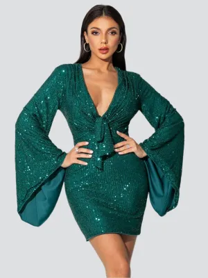 Bell Sleeve Sequin Green Cocktail Dress XJ2718