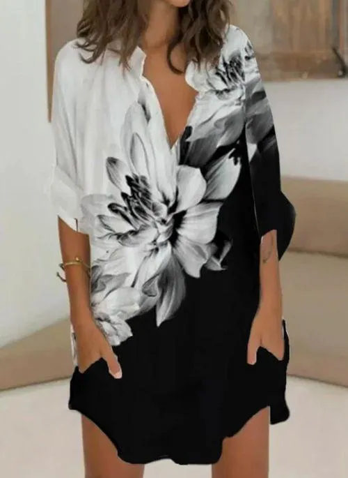 BL10336 Floral Casual V Neckline Half Sleeve Blouses