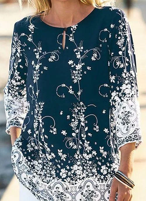 BL10376 Floral Casual Round Neckline Long Sleeve Blouses