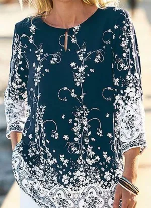 BL10376 Floral Casual Round Neckline Long Sleeve Blouses