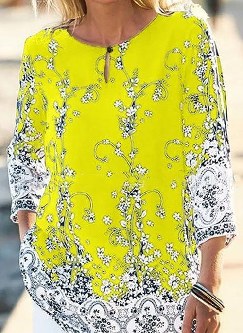 BL10376 Floral Casual Round Neckline Long Sleeve Blouses