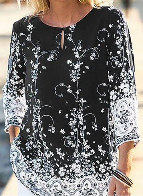 BL10376 Floral Casual Round Neckline Long Sleeve Blouses