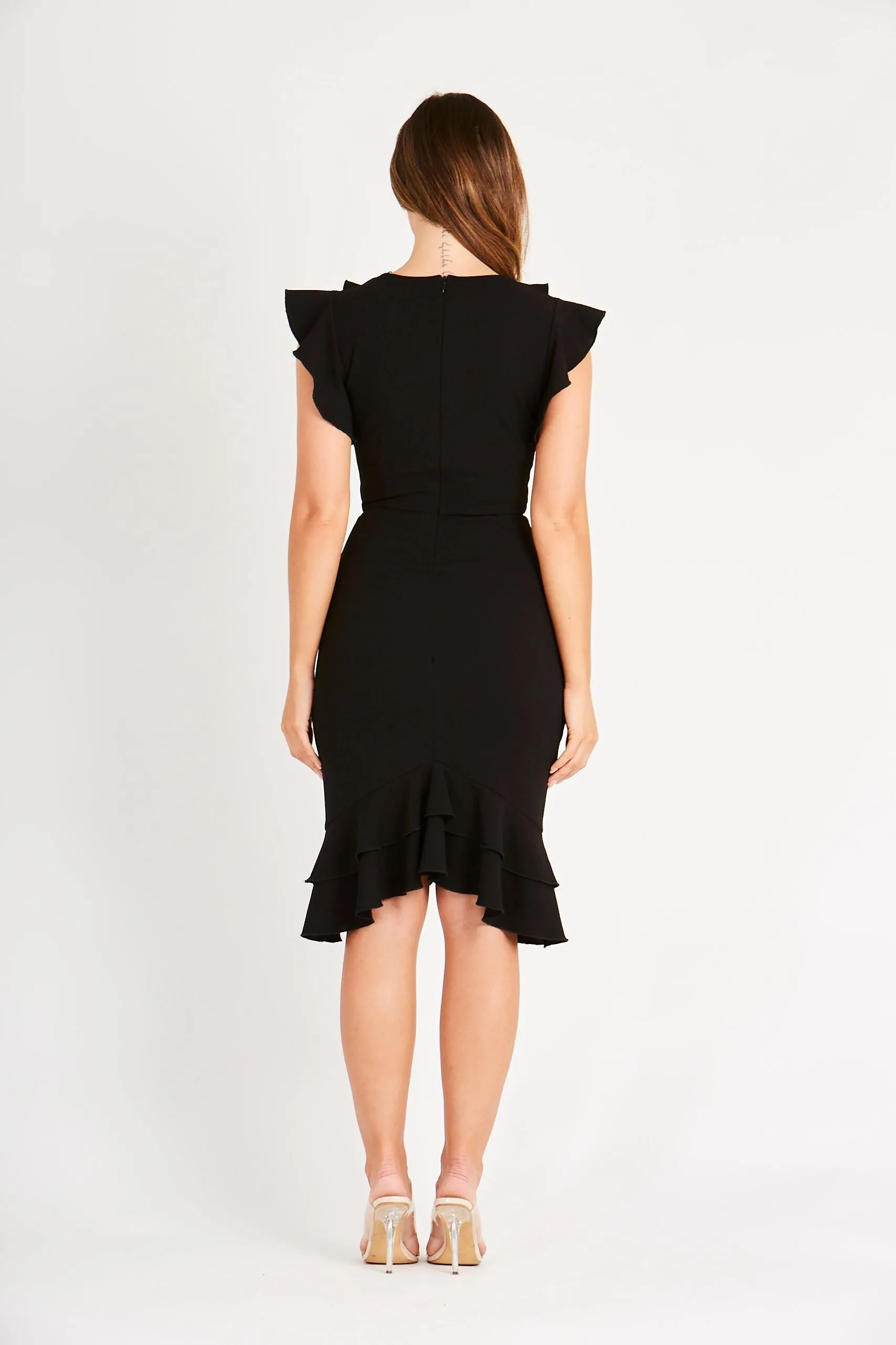 Black bodycon dress with puff sleeve and frill