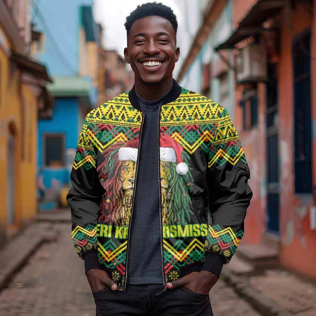 Black Jamaican Christmas Bomber Jacket Reggae Lion With Kente Pattern LT18