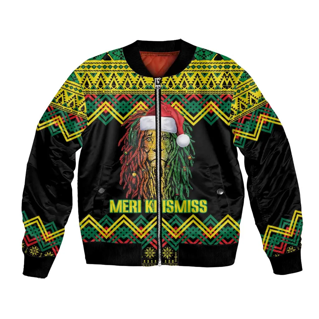 Black Jamaican Christmas Bomber Jacket Reggae Lion With Kente Pattern LT18