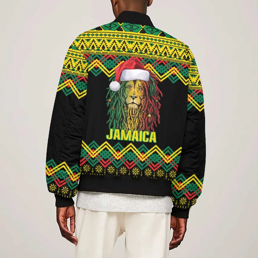 Black Jamaican Christmas Bomber Jacket Reggae Lion With Kente Pattern LT18
