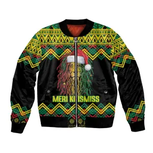 Black Jamaican Christmas Bomber Jacket Reggae Lion With Kente Pattern LT18