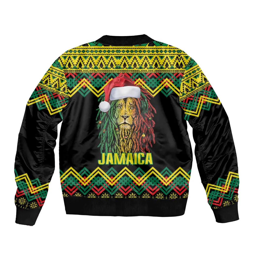 Black Jamaican Christmas Bomber Jacket Reggae Lion With Kente Pattern LT18