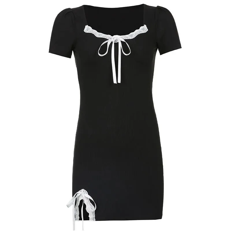 BLACK LACE AND BOW SPLIT DRESS UB2475