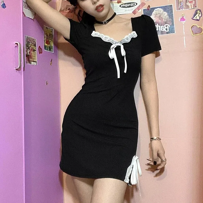 BLACK LACE AND BOW SPLIT DRESS UB2475