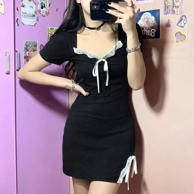 BLACK LACE AND BOW SPLIT DRESS UB2475